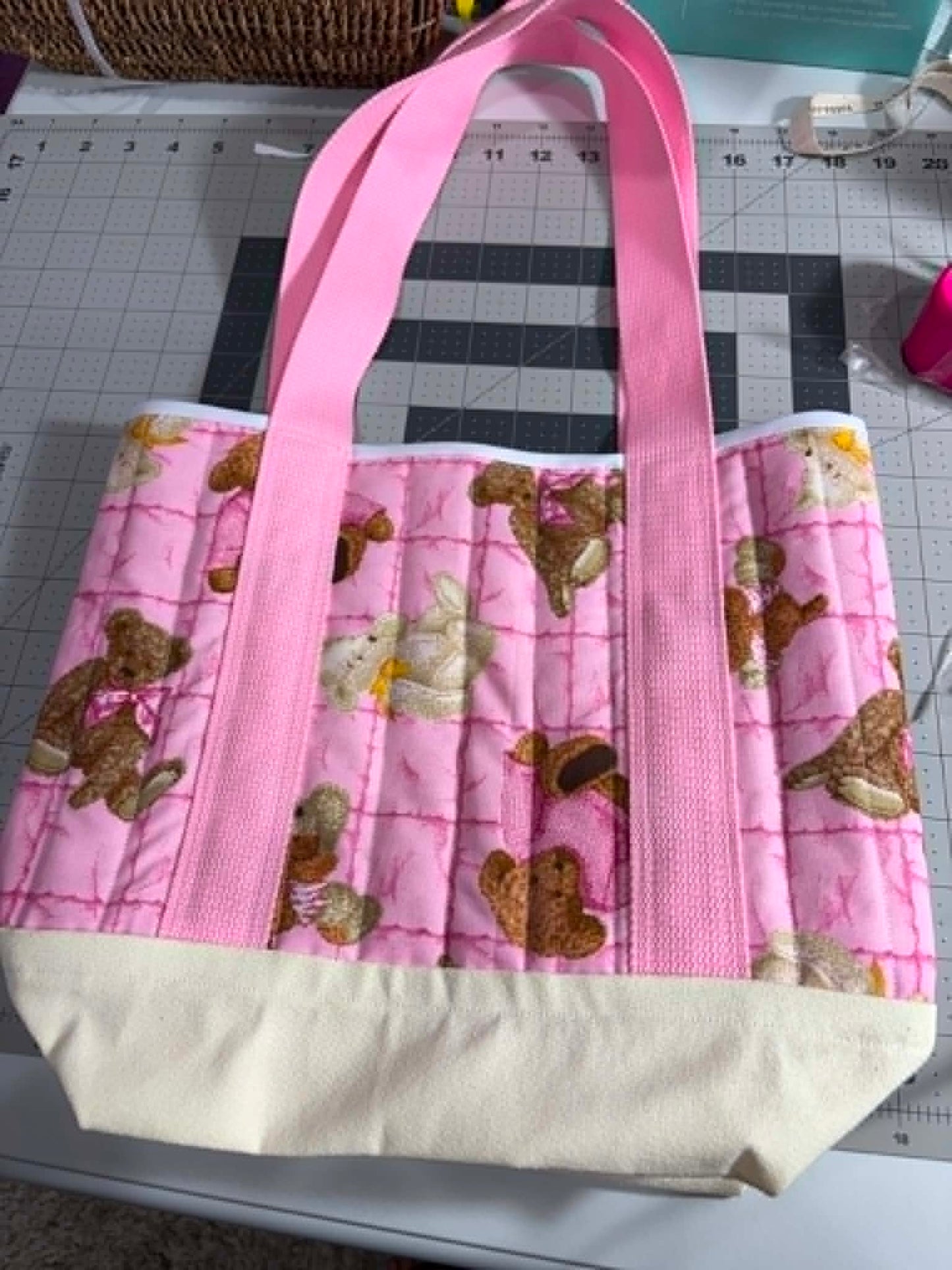 Pink Teddy Bear Quilted Tote Bag
