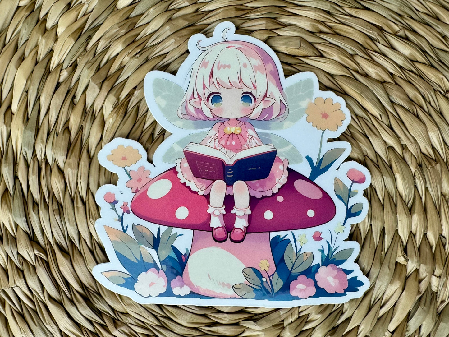 Fairy Reading on Mushroom Vinyl Sticker