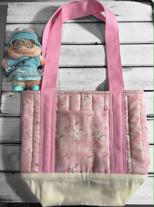 Pink Cherry Blossom Quilted Tote Bag